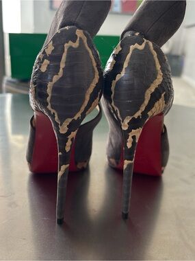 Christian Louboutin Black Suede Pumps with Red Soles and Tan Pattern
